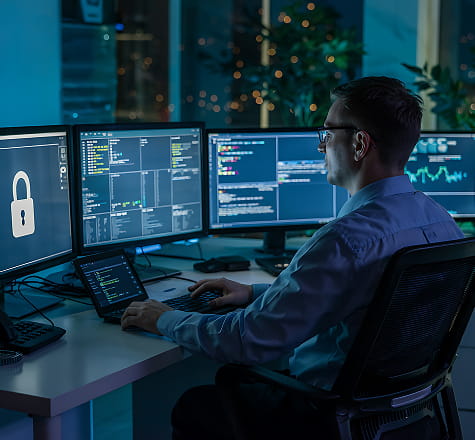 Cybersecurity analyst monitoring business network security in Las Vegas