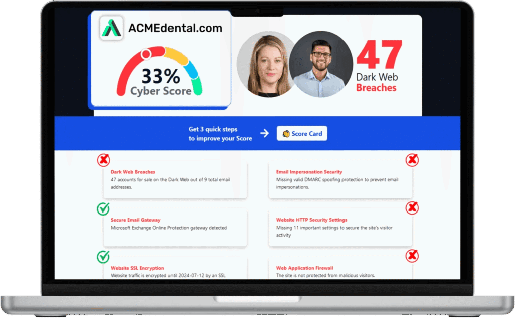 Cyber security risk score dashboard showing dark web breaches for a Las Vegas business